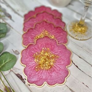 Pink and Gold Flower Coasters | Set of 4 Coasters